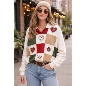 Alfred Dunner Cotton Blend Patchwork Hearts Casual Sweatshirt Size L Valentine